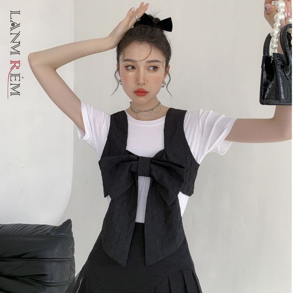 

women vest bow decoration square neckline double breasted vests female cute summer outwear 2h732 210507, Black;white