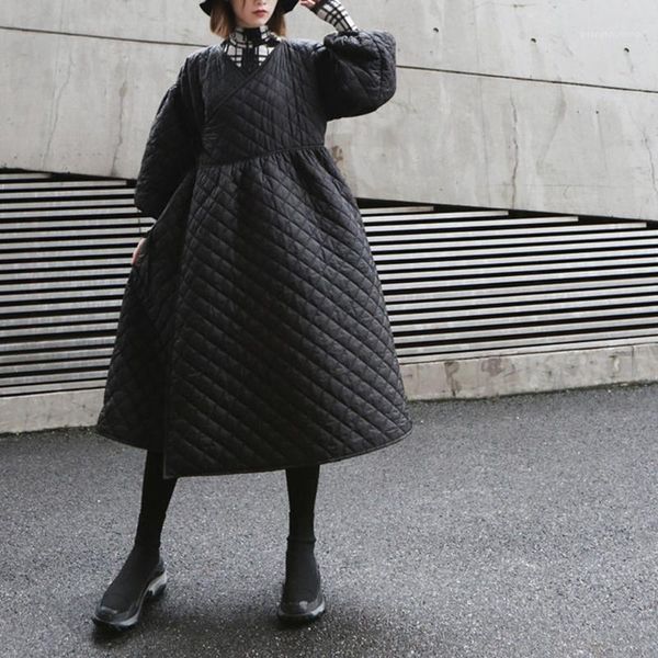 

womens vintage checks cotton padded quilted v neck lantern sleeves dresses coat outwear long oversize black