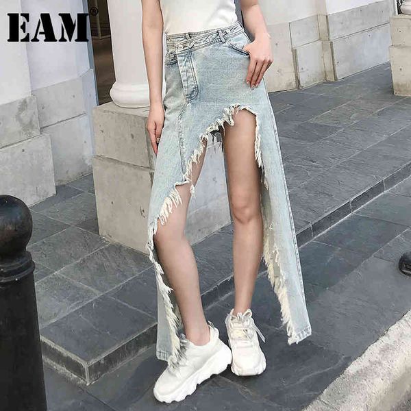 

[eam] high waist wide leg denim burrs hole asymmetrical jeans loose women trousers fashion spring autumn 1dd6402 21512, Blue