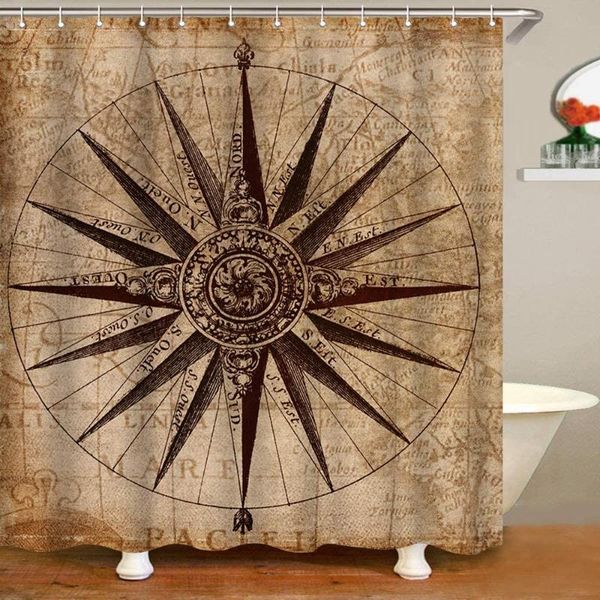 

shower curtains nautical curtain compass on retro brown background print marine bath cloth fabric bathroom decor set with 12 hook