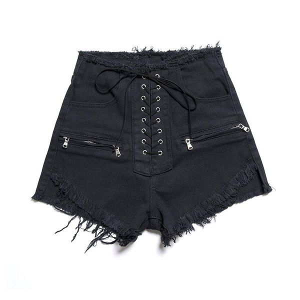 

summer streetwear short jeans women straight high-waist skinny punk style drawstring zipper denim pants women's, Blue