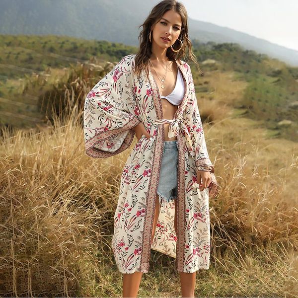 

summer bohemian v neck green apricot long kimono dress beachwear lace up plus size cardigan loose femme maxi dresses casual, Black;gray