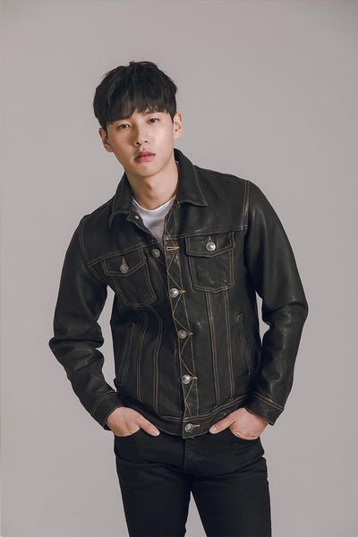 

men's leather & faux yr.quality classic casual water-washed sheepskin jacket,genuine coat,texture duplicated jeans jacket., Black