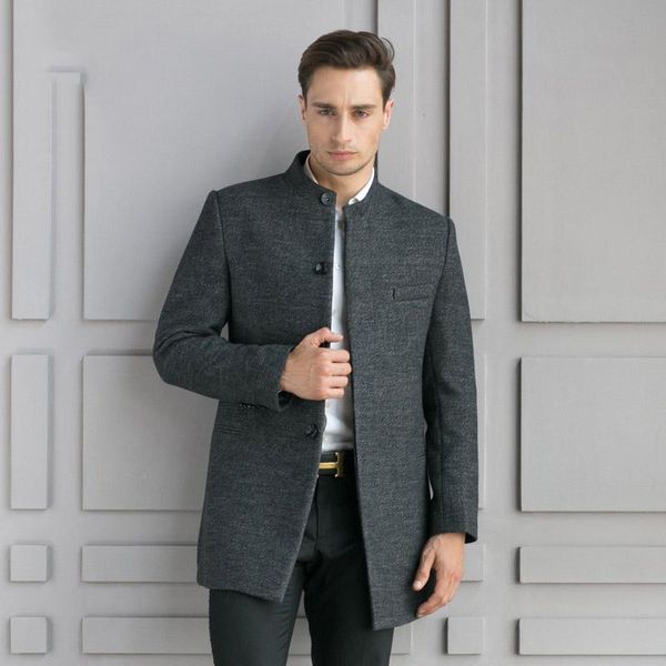

men's wool & blends chinese style coat men fashion stand collar medium long woolen trench male single breasted overcoat, Black