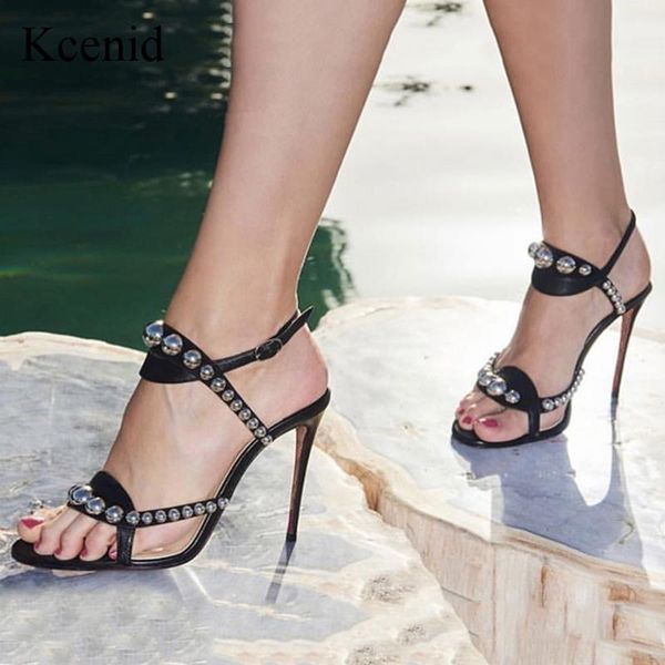 

sandals kcenid 2021 high heel summer fashion rivet ankle strap pumps thin woman open toe ladies shoes1, Black