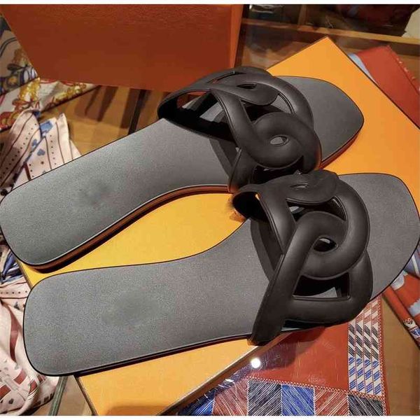 

wholesale high version 2021 summer wear h pig nose slippers flat bottomed beach jelly women's chain luxurysss designersss shoes yw, Black