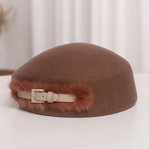 

beanies autumn winter superior quality wool real leather belt lady beret hat women leisure painter
