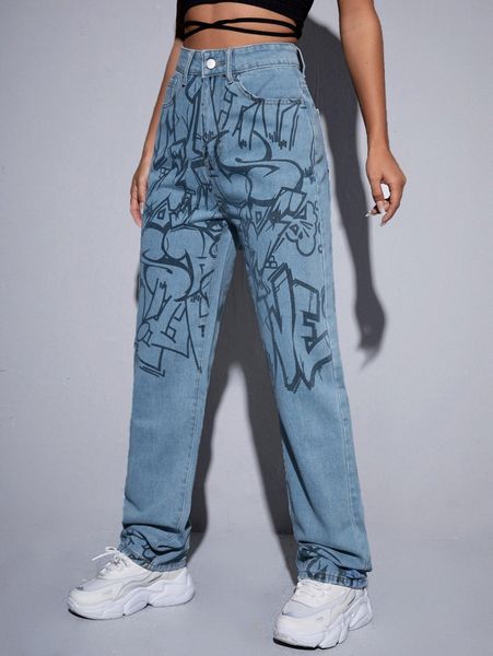 

high waisted graphic print straight leg jeans y1fp#, Blue