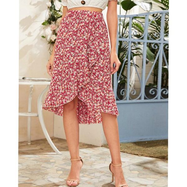 

elegant women floral print high waist ruffles skirts summer 2021 fashion casual asymmetrical long skirt beach holiday female, Black