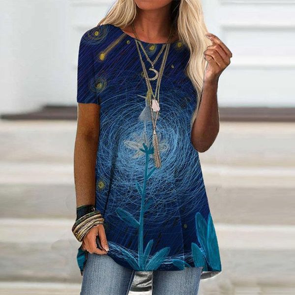 

women's t-shirt summer 2021 fashion short sleeve digital printed plus size s-3xl loose casual pullover star flower print, White