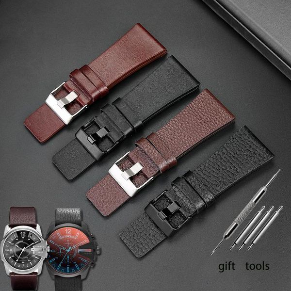 

watch bands lychee grain cow leather large size watchband for dz7391/1657 power men's strap 28 30mm wristband, Black;brown
