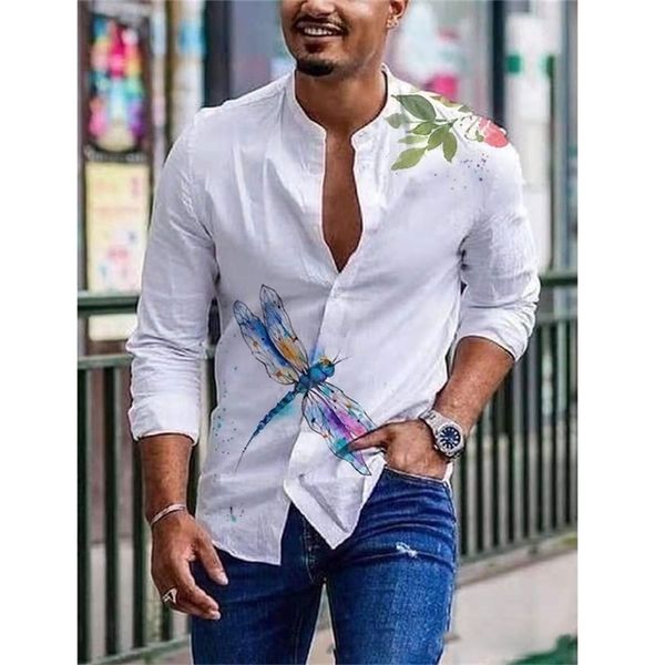 

men shirts spring summer vintage printed long-sleeved thin button imitation linen loose shirt for large size casual clothes 220307, White;black