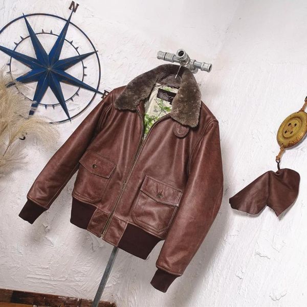 

men's leather & faux g1 detachable fur clip cotton warm jacket wax printing head layer cowhide, Black