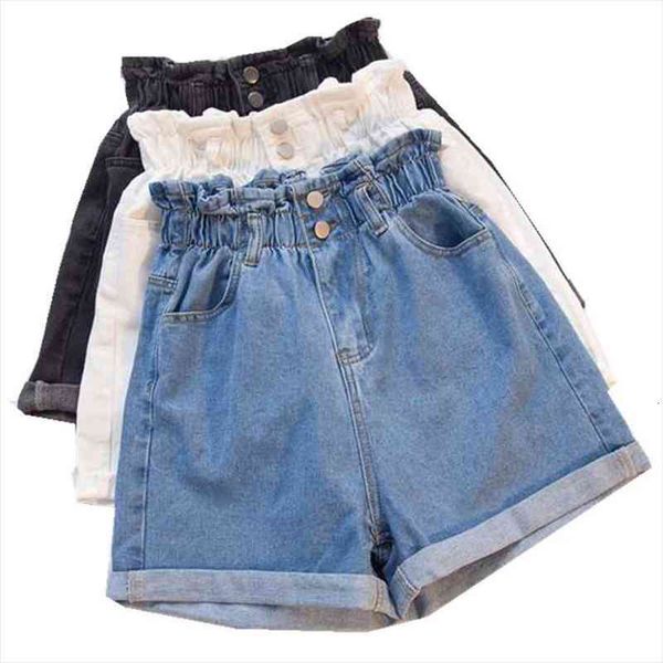 

g1020 womens summer wear fashion plus-size elastic-waisted loose-fitting high-waisted denim shorts wholesale, White;black