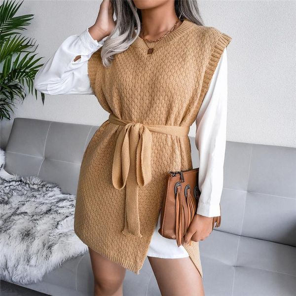 

women's vests europe and america autumn winter casual lace-up slim vest sweater women o-neck mid-length knitted female jd1957, Black;white