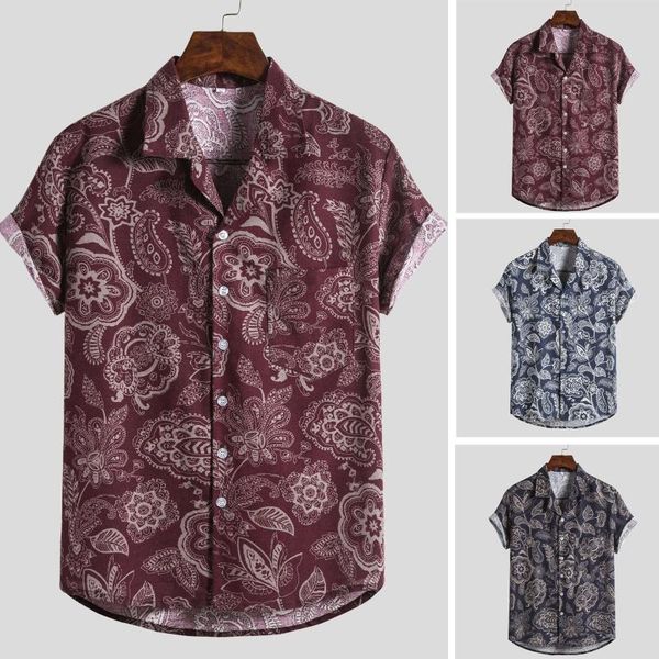

men's casual shirts vintage hawaiian shirt for men short sleeve print linen blouse button up down-collar lapel drop, White;black