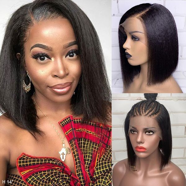

13x6 deep part lace front human hair wigs for black women pre plucked brazilian remy 150% kinky straight short bob wig1, Black;brown