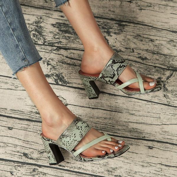 

slippers big size high-heeled shoes lady rubber flip flops woman's slides snakeskin square heel hawaiian 2021 summer block rome, Black