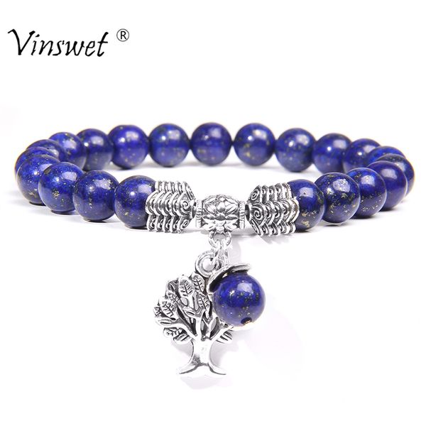 

life tree charm bracelets for men natural lapis lazuli beads bracelet women fashion adjustable braid pulsera couples jewelry, Golden;silver