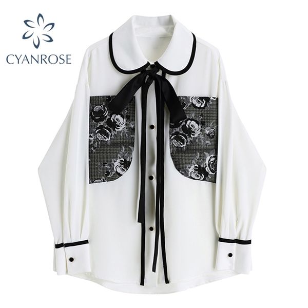 

fashion turn down collar women blouse summer streetwear long sleeve lace up shirts vintage design patchwork lady 210430, White