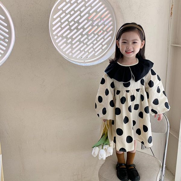 

girl's dresses mila chou 2021 spring autumn girls cotton dot print vintage dress lantern-sleeve turn-down collar cute children 2-8y, Red;yellow