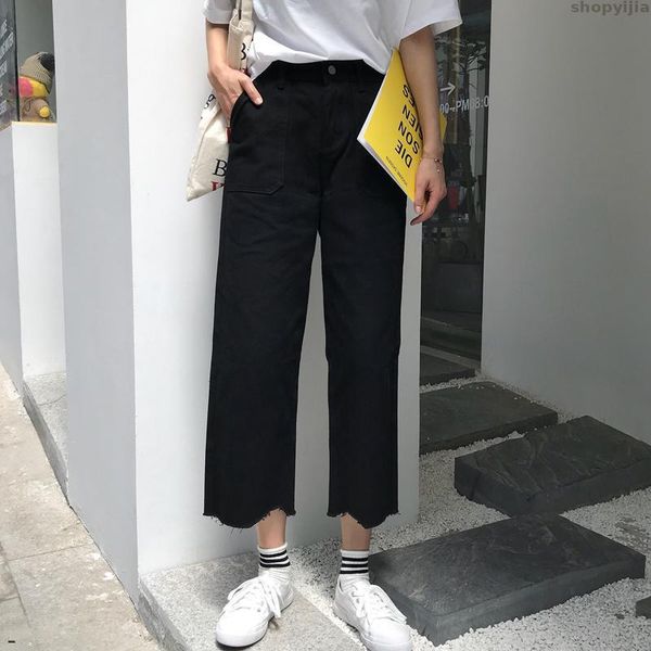 

women's jeans solid color wide leg pants office lady button elastic waist straight formal denim trousers women summer, Blue