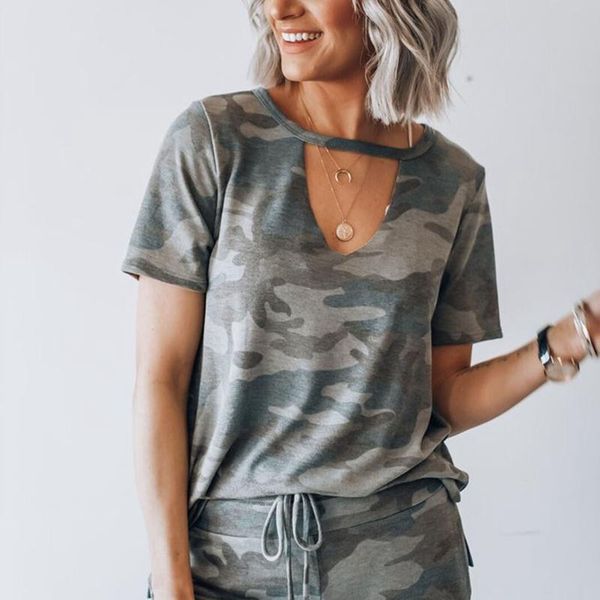 

women's blouses & shirts casual women camouflage shirt front hole short sleeve blouse low cut v neck, White