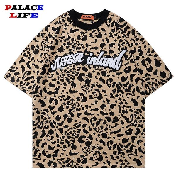 

men's t-shirts hip hop harajuku men t shirt leopard print flocking letter embroidery streetwear shirts 2021 oversized 100%cotton o-neck, White;black