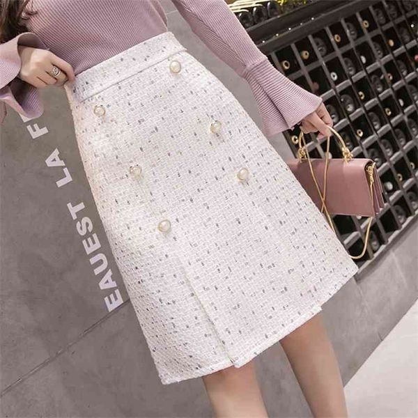 

vintage winter tweed wool skirts women autumn double breasted mini korean bodycon high waist elegant mujer faldas lady 210325, Black