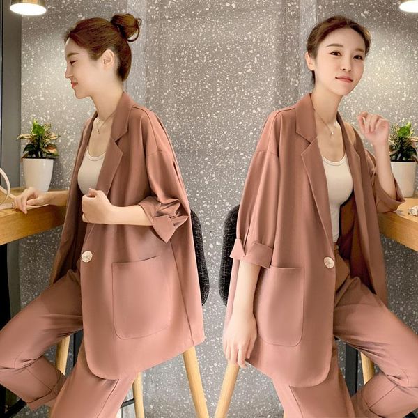 

women's suits & blazers yasuguoji 2021 fashion three quarter blazer with elastic waist ankle pant for women autumn office sets, White;black
