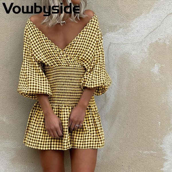 

casual dresses summer women's dress plaid fashion lantern sleeve v-neck, Black;gray