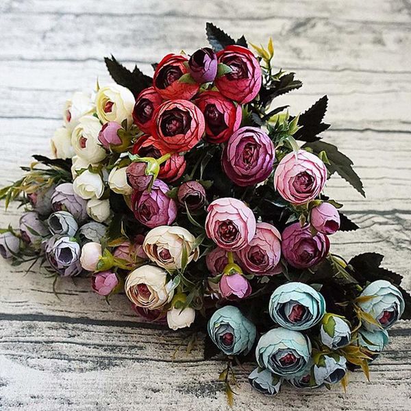 

fork/bunch slik small tea bag fake roses bouquet vase for home arrangement wedding decoration artificial flowers wholesale decorative & wrea