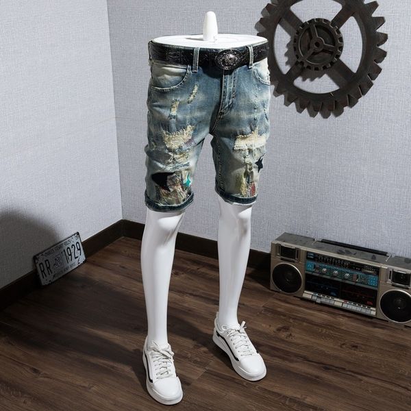 

men's jeans summer skinny fashion knee adjustment casual jeans embroidered hole denim shorts plus size 40 short pants 17ry, Blue
