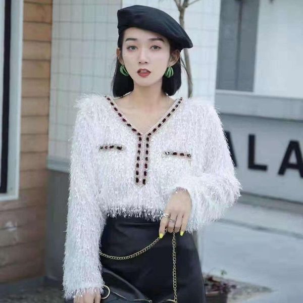 

woman sweaters women's long-sleeved v-neck plush tassels loose-fitting coat for spring 2021 femme chandails pull hiver, White;black