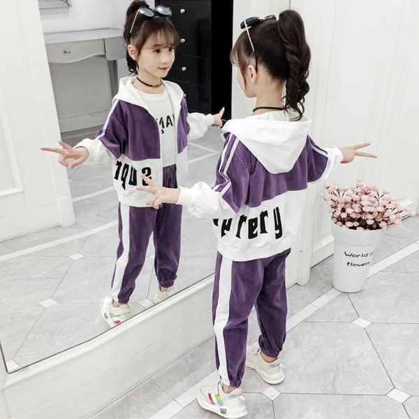 

clothing sets 2021 girls winter spring fall kids teenager clothes child strip splice hooded sweatshirt jacket + pants 5 6 7 8 9 10 11 12 yea, White