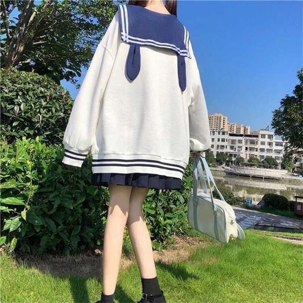 HOUZHOU Bunny Hoodie Kawaii süße Tops Kaninchenohren japanische Streetwear weiche Mädchen ästhetische Matrosenkragen Schuluniform 211222