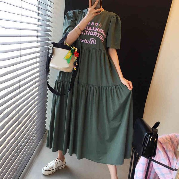 

women black letter pleated dress o neck long sleeve loose fit fashion casual summer green robe 16f0785 210510, Black;gray