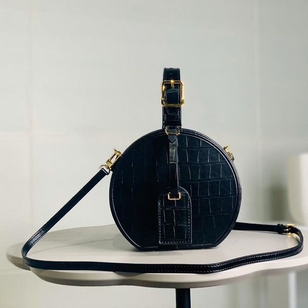 

crossbody round bucket bag style fashion adjustable handle plain metal nail genuine leather alligator, Red;black