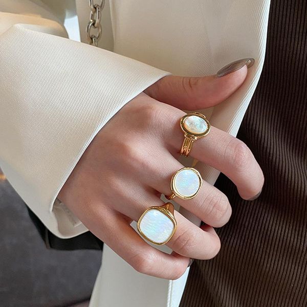

cluster rings gold silver plated white shell stainless steel band hip hop punk statement for women party, Golden;silver