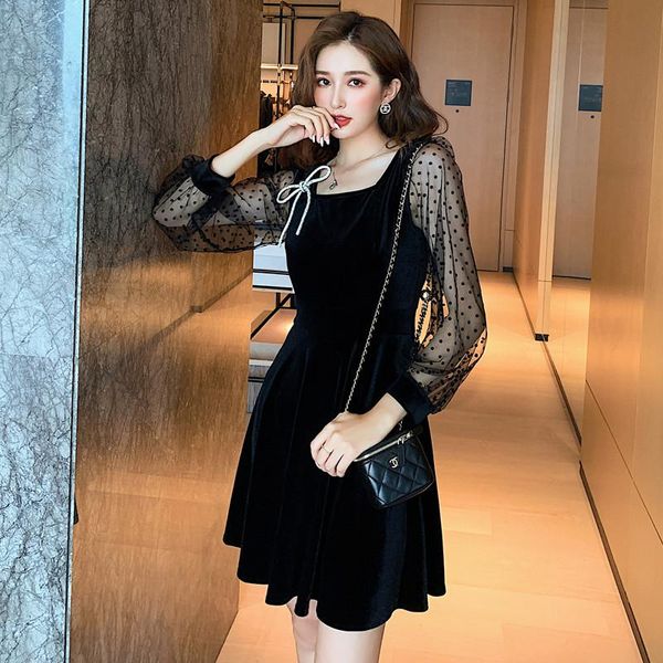 

casual dresses women korean dress fashion one piece autumn spring 2021 office lady korea style full sleeve patchwork solid zipper traf, Black;gray