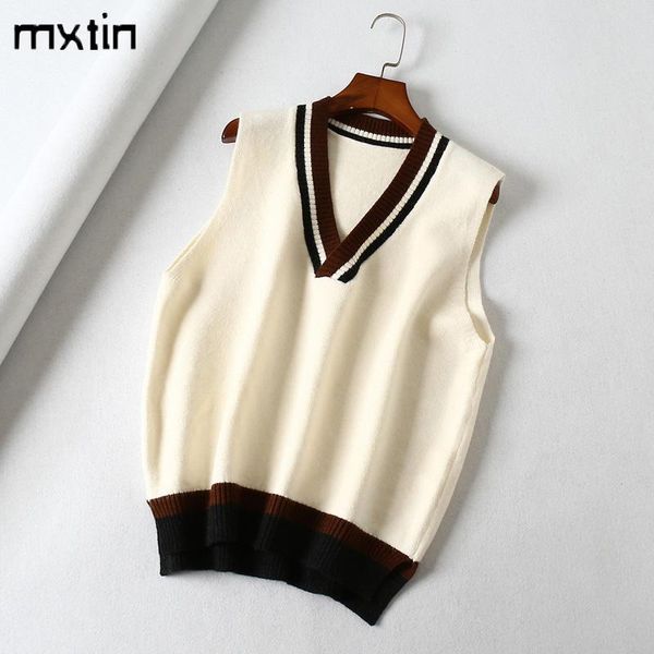 

women's sweaters vintage stylish stripe patchwork knitted vest sweater women 2021 v neck sleeveless waistcoat chic preppy style, White;black