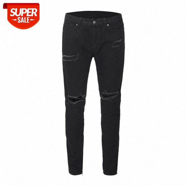 

bieber jeans male fog style knife cut beggar hole zipper self-cultivation feet trousers black #mt0c, Blue