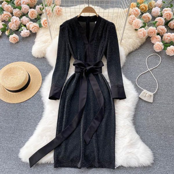 

casual dresses yizzhoy spring autumn split fashion streetwear midi dress women elegant french long sleeve v neck sashes slim, Black;gray