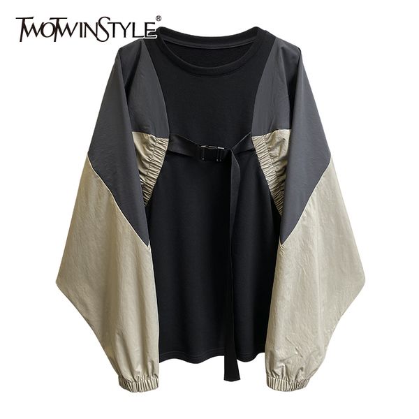 

patchwork hit color bandage sweatshirt for women o neck batwing sleeve casual loose sweatshirts female autumn 210524, Black