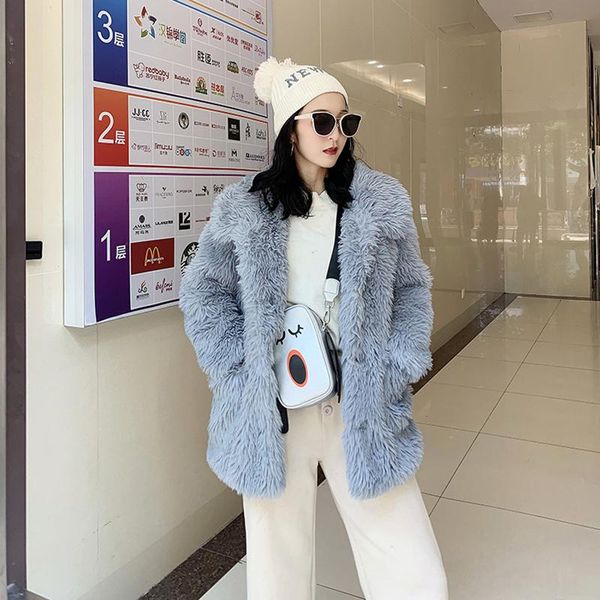 

women's fur & faux autumn winter coat women wool loose casual jacket ladies middle length female overwear l126, Black