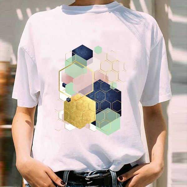 

graphic clothing geometric printing 90s women t shirts girl fashion short sleeve print female clothes tees shirt, White