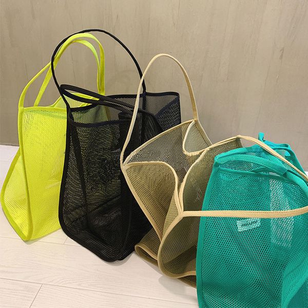 

portable reusable grocery bags fruit and vegetable bag washable cotton mesh string organic organizer shopping handbag long handle net tote 1