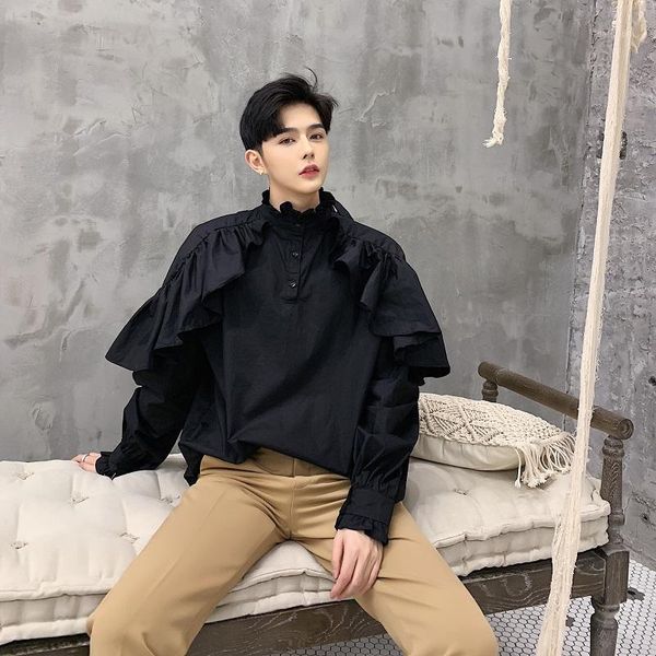 

mens youth flounce long sleeve falbala loose black shirt gothic chic men's casual shirts, White;black