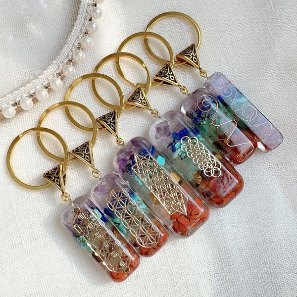 

7 chakras orgone pendulum key rings energy crystal stone keychain healing amulet keyrings for car meditation reiki om lucky gift, Slivery;golden
