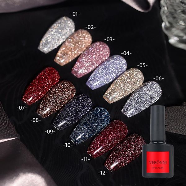 

10ml gel nail polish 12 colors silver snowlight effect varnishes reflective glitter bright bungee art tslm2, Red;pink